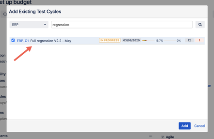 The 'Add existing test cyes' screen The 'Add existing test cyes' screen