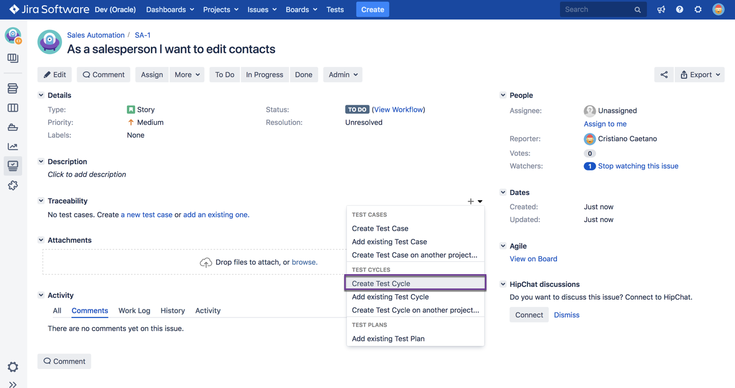 Create test cycle in Jira Create test cycle in Jira