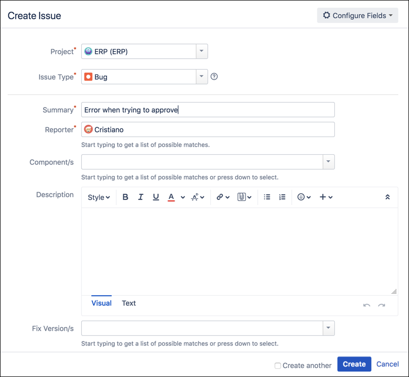 The 'Create issue' screen The 'Create issue' screen