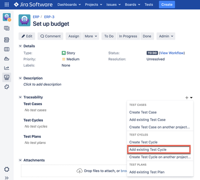 The 'Add exisiting test cycles' link The 'Add exisiting test cycles' link